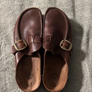 Birkenstock Brown Leather Slip-On Shoes with Buckle